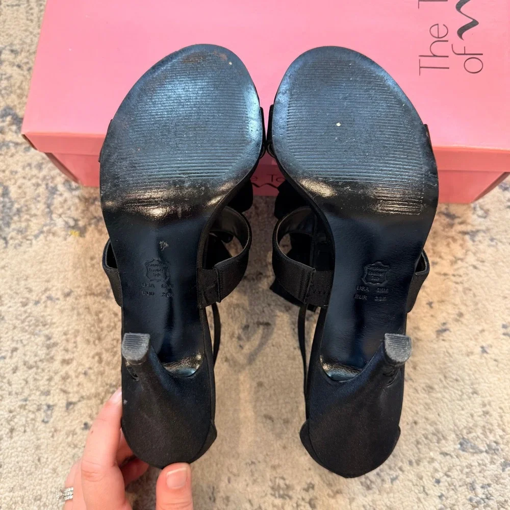 Touch of Nina Black Luster Satin Ruffle Rosette Stiletto Heels 8.5 M